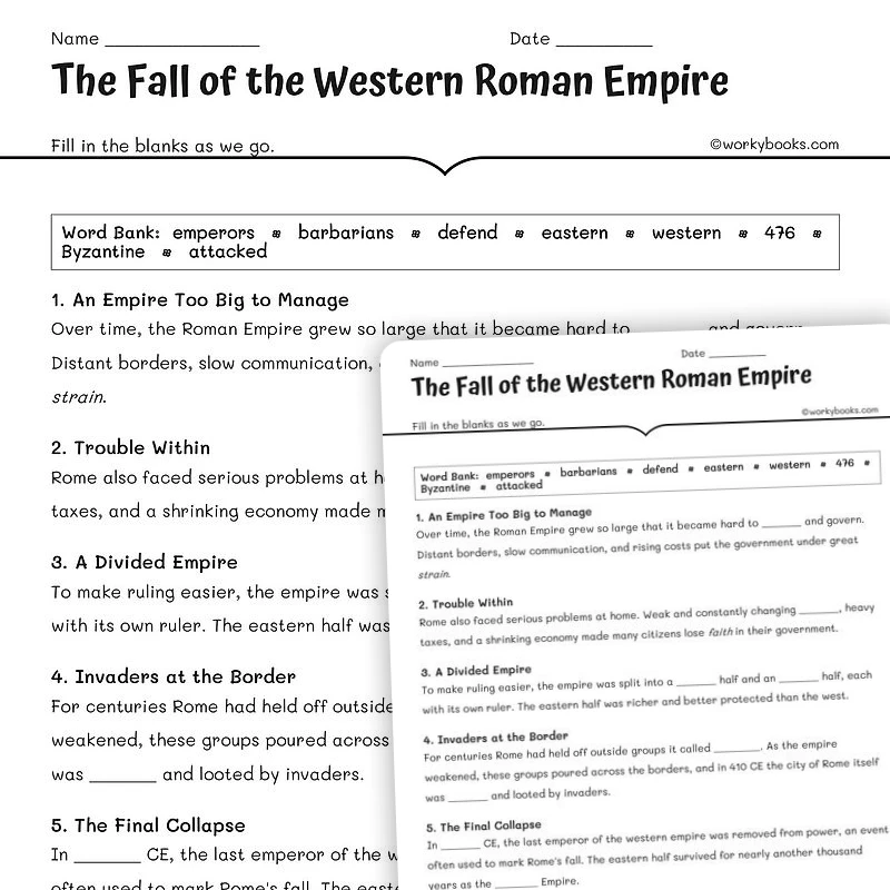 The Fall of the Western Roman Empire — social-studies worksheet for Grade 5, Grade 6, Grade 7, Grade 8, page 1 of null