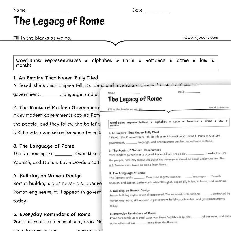 The Legacy of Rome — social-studies worksheet for Grade 5, Grade 6, Grade 7, Grade 8, page 1 of null