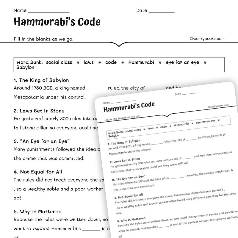 Hammurabi's Code — social-studies worksheet for Grade 5, Grade 6, Grade 7, Grade 8, page 1 of null