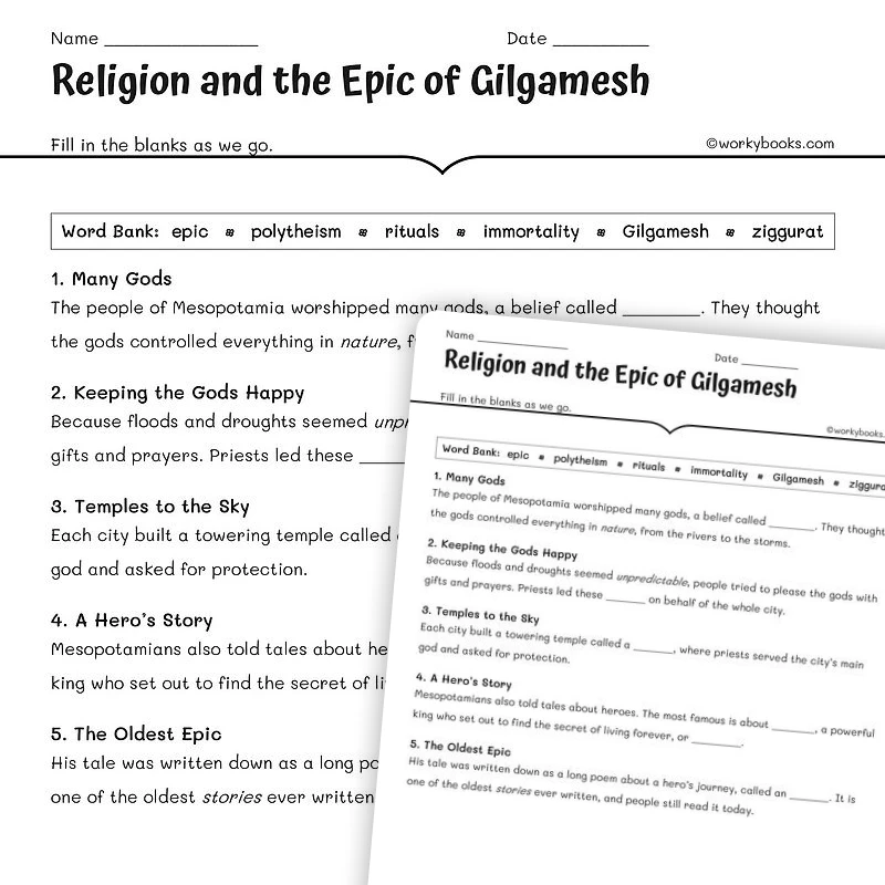 Religion and the Epic of Gilgamesh — social-studies worksheet for Grade 5, Grade 6, Grade 7, Grade 8, page 1 of null