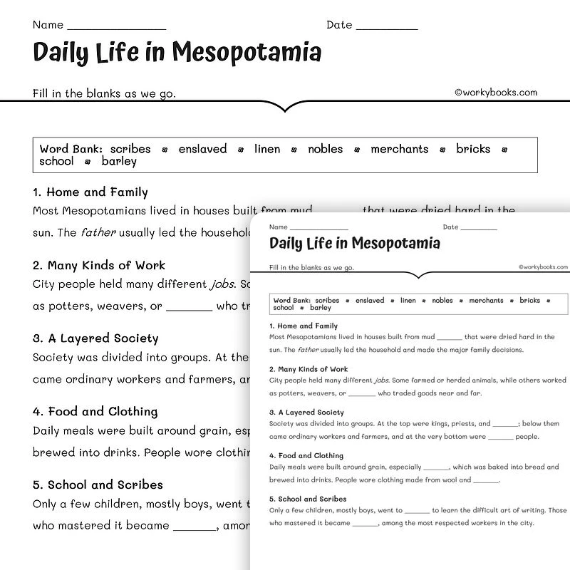 Daily Life in Mesopotamia — social-studies worksheet for Grade 5, Grade 6, Grade 7, Grade 8, page 1 of null