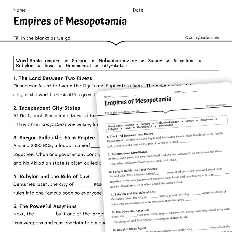 Empires of Mesopotamia — social-studies worksheet for Grade 5, Grade 6, Grade 7, Grade 8, page 1 of null