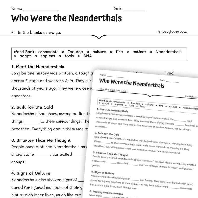 Meet the Neanderthals — science worksheet for Grade 5, Grade 6, Grade 7, Grade 8, page 1 of null
