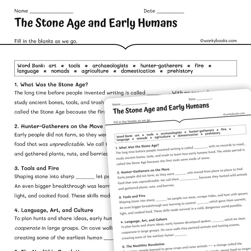 The Stone Age and Early Humans — social-studies worksheet for Grade 5, Grade 6, Grade 7, Grade 8, page 1 of null