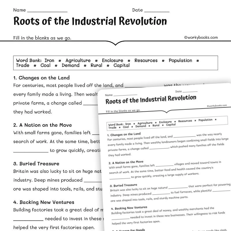 Roots of the Industrial Revolution — social-studies worksheet for Grade 5, Grade 6, Grade 7, Grade 8, page 1 of null