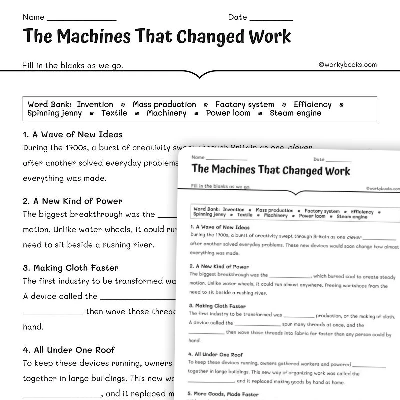 The Machines That Changed Work — science worksheet for Grade 5, Grade 6, Grade 7, Grade 8, page 1 of null