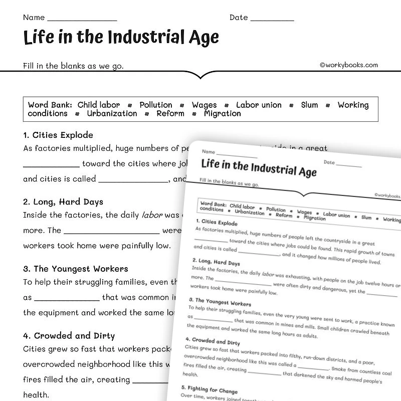 Life in the Industrial Age — social-studies worksheet for Grade 5, Grade 6, Grade 7, Grade 8, page 1 of null