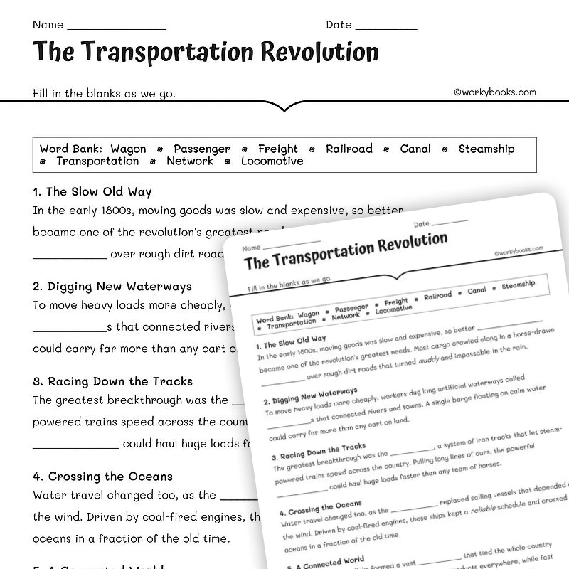 The Transportation Revolution — social-studies worksheet for Grade 5, Grade 6, Grade 7, Grade 8, page 1 of null