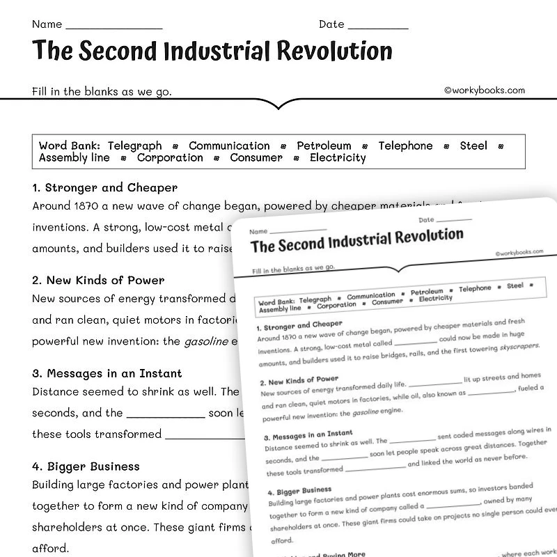 The Second Industrial Revolution — science worksheet for Grade 5, Grade 6, Grade 7, Grade 8, page 1 of null