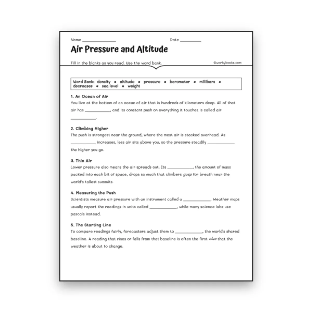 Air Pressure and Altitude — science worksheet for Grade 5, Grade 6, Grade 7, Grade 8, page 1 of null