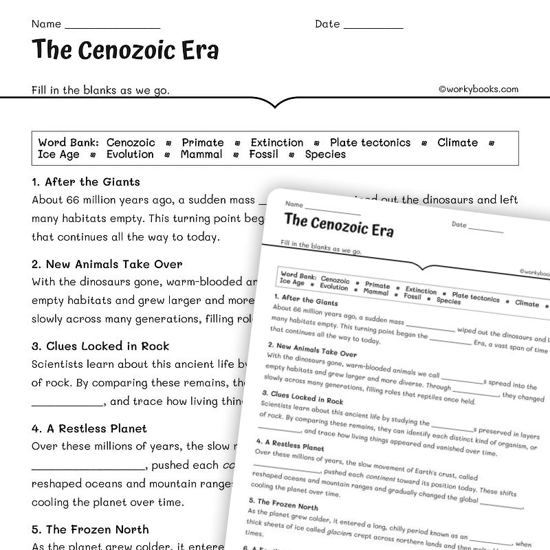 The Cenozoic Era — science worksheet for Grade 5, Grade 6, Grade 7, Grade 8, page 1 of 1