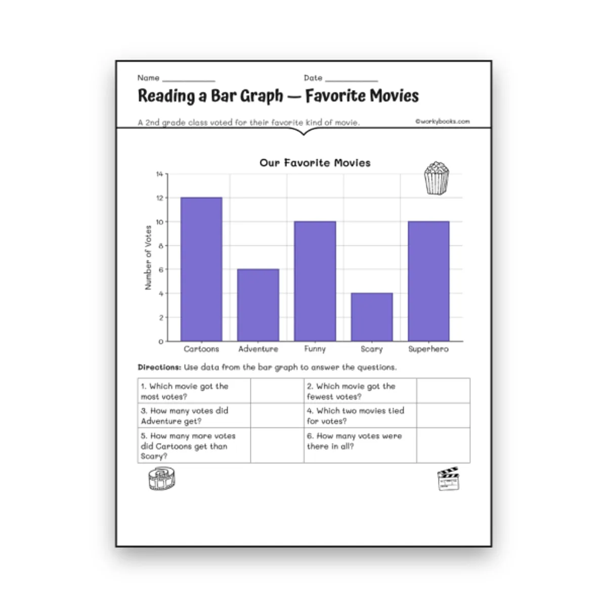 Reading a Bar Graph — Favorite Movies — math worksheet for Grade 2, Grade 3, page 1 of null