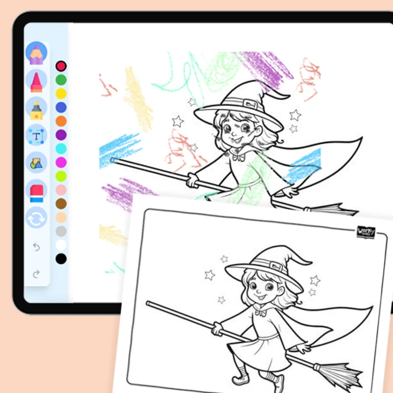 Witch flying on broomstick — coloring-pages coloring page for Grade 1, Grade 2, Grade 3, Grade 4, Grade 5, page 1 of 1