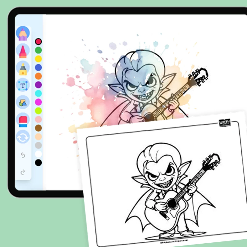 Vampire playing guitar — coloring-pages coloring page for Grade 1, Grade 2, Grade 3, Grade 4, Grade 5, page 1 of 1