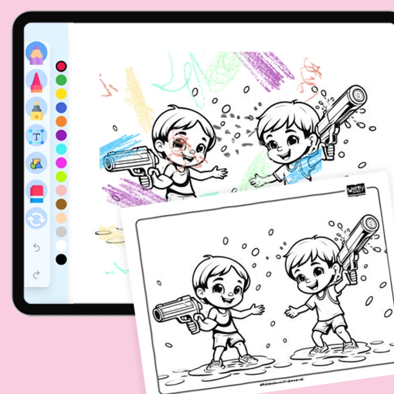 Splashing with water guns — coloring-pages coloring page for Grade 1, Grade 2, Grade 3, Grade 4, Grade 5, page 1 of 1