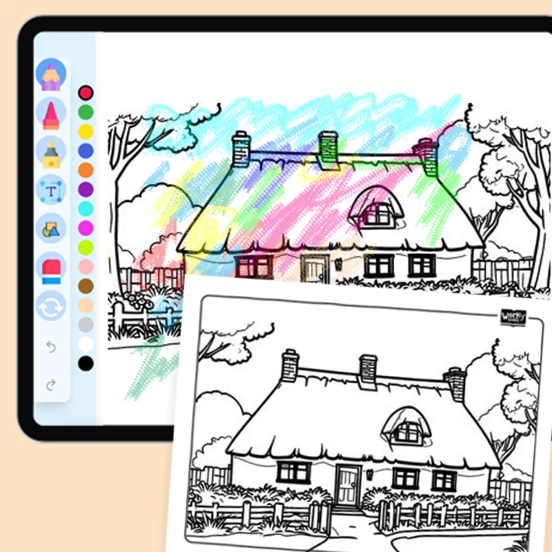 Traditional Thatched Roof Cottage — coloring-pages coloring page for Grade 1, Grade 2, Grade 3, Grade 4, Grade 5, page 1 of 1