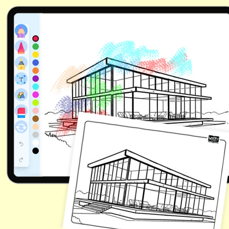 Modern Glass House Architecture — coloring-pages coloring page for Grade 1, Grade 2, Grade 3, Grade 4, Grade 5, page 1 of 1
