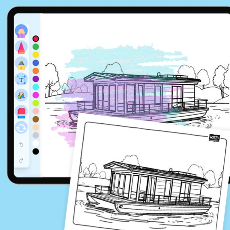 Houseboat Floating Water Home — coloring-pages coloring page for Grade 1, Grade 2, Grade 3, Grade 4, Grade 5, page 1 of 1