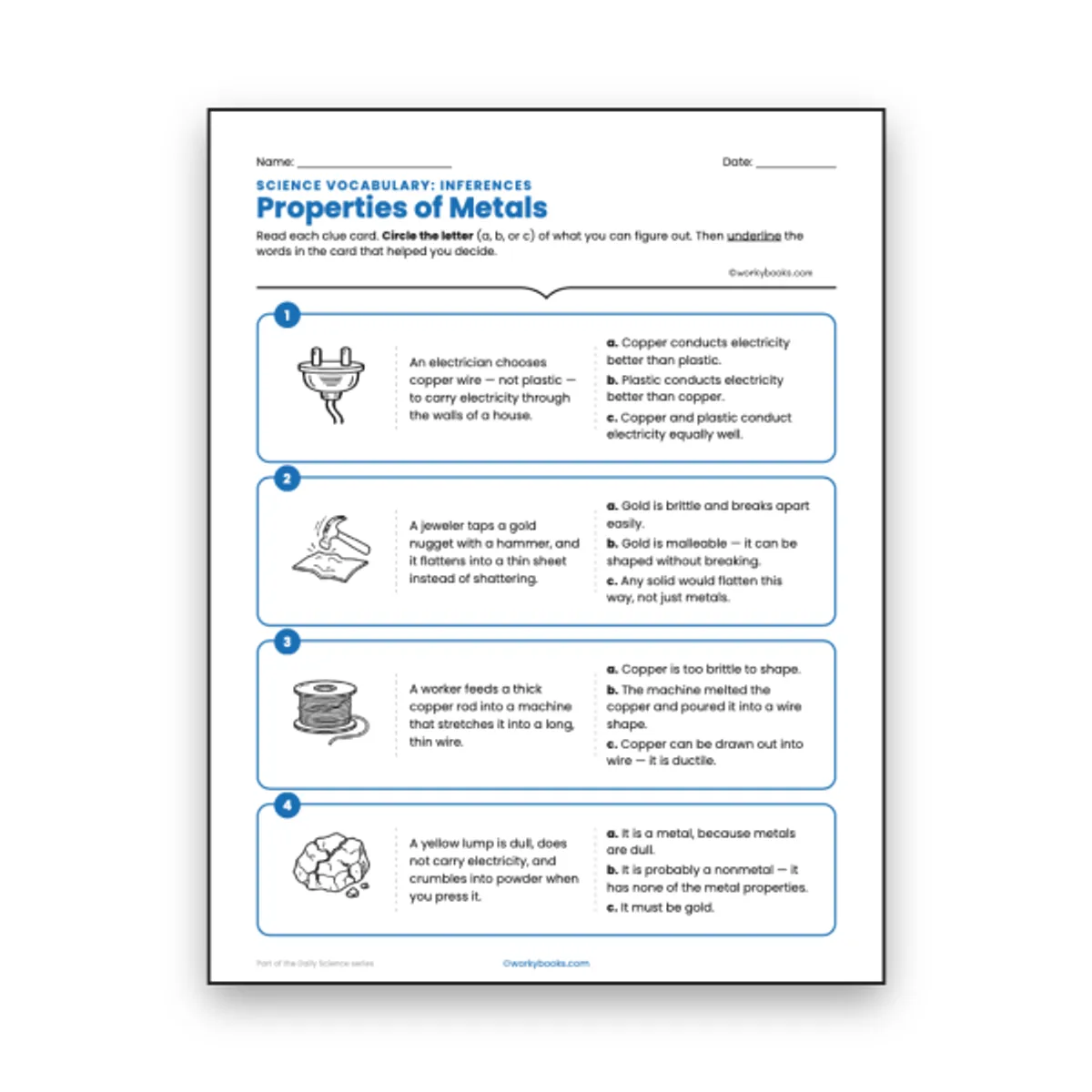 Properties of Metals - Inferences Activity — ela worksheet for Grade 6, page 1 of null