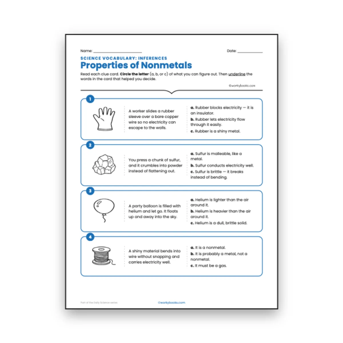 Properties of Nonmetals - Inferences Activity — ela worksheet for Grade 6, page 1 of null