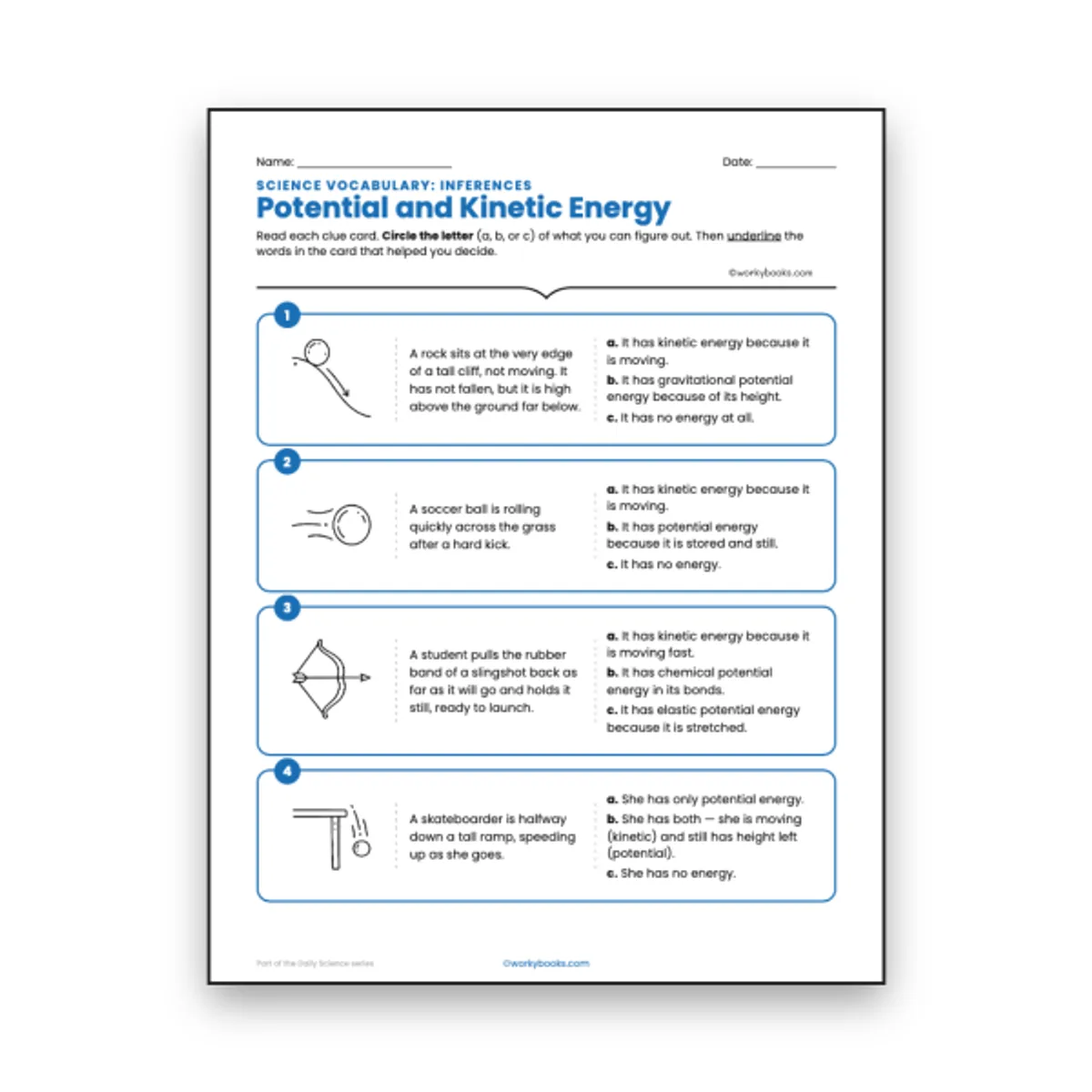 Potential and Kinetic Energy - Inferences Activity — ela worksheet for Grade 6, page 1 of null