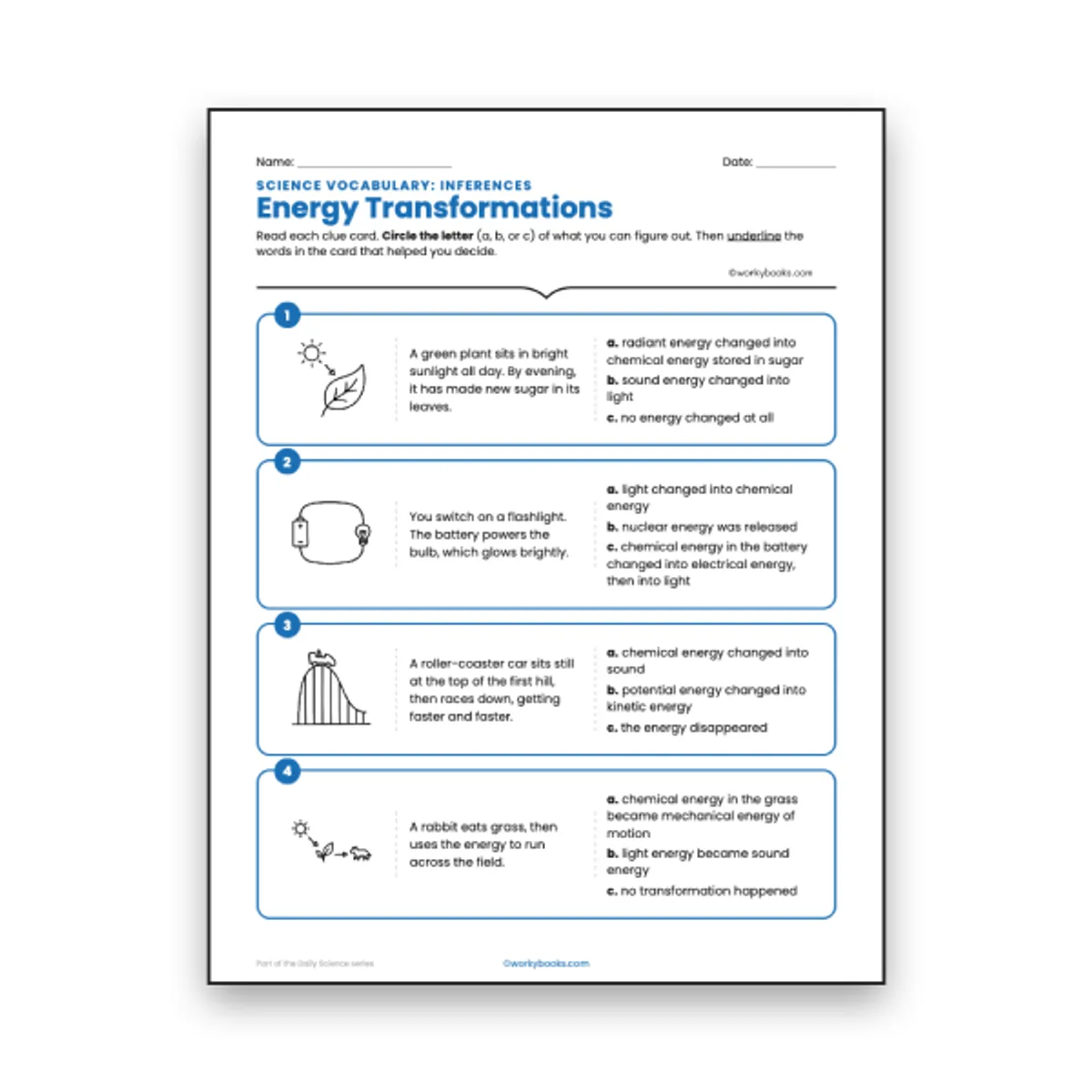 Energy Transformations - Inferences Activity — ela worksheet for Grade 6, page 1 of null