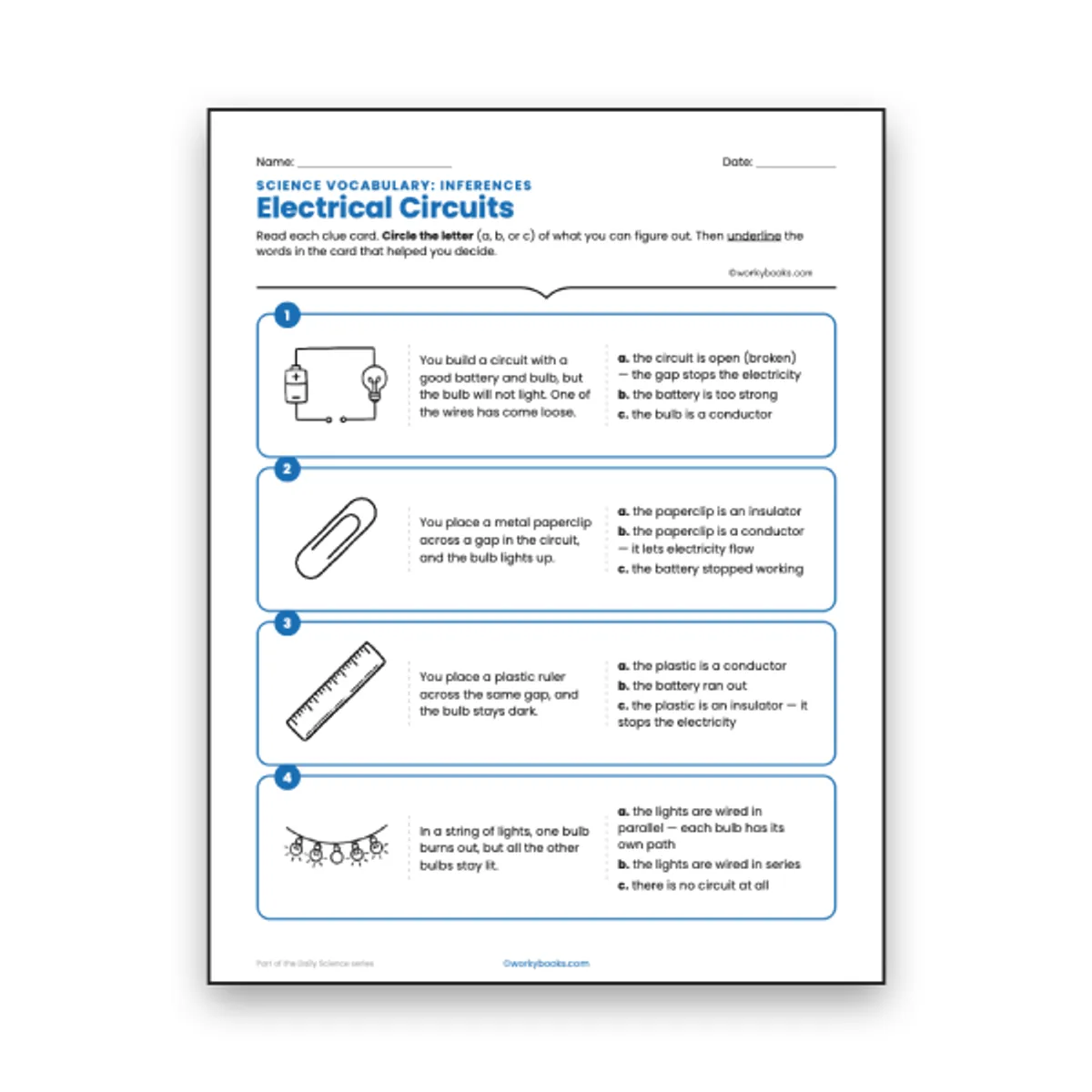 Electrical Circuits - Inferences Activity — ela worksheet for Grade 6, page 1 of null
