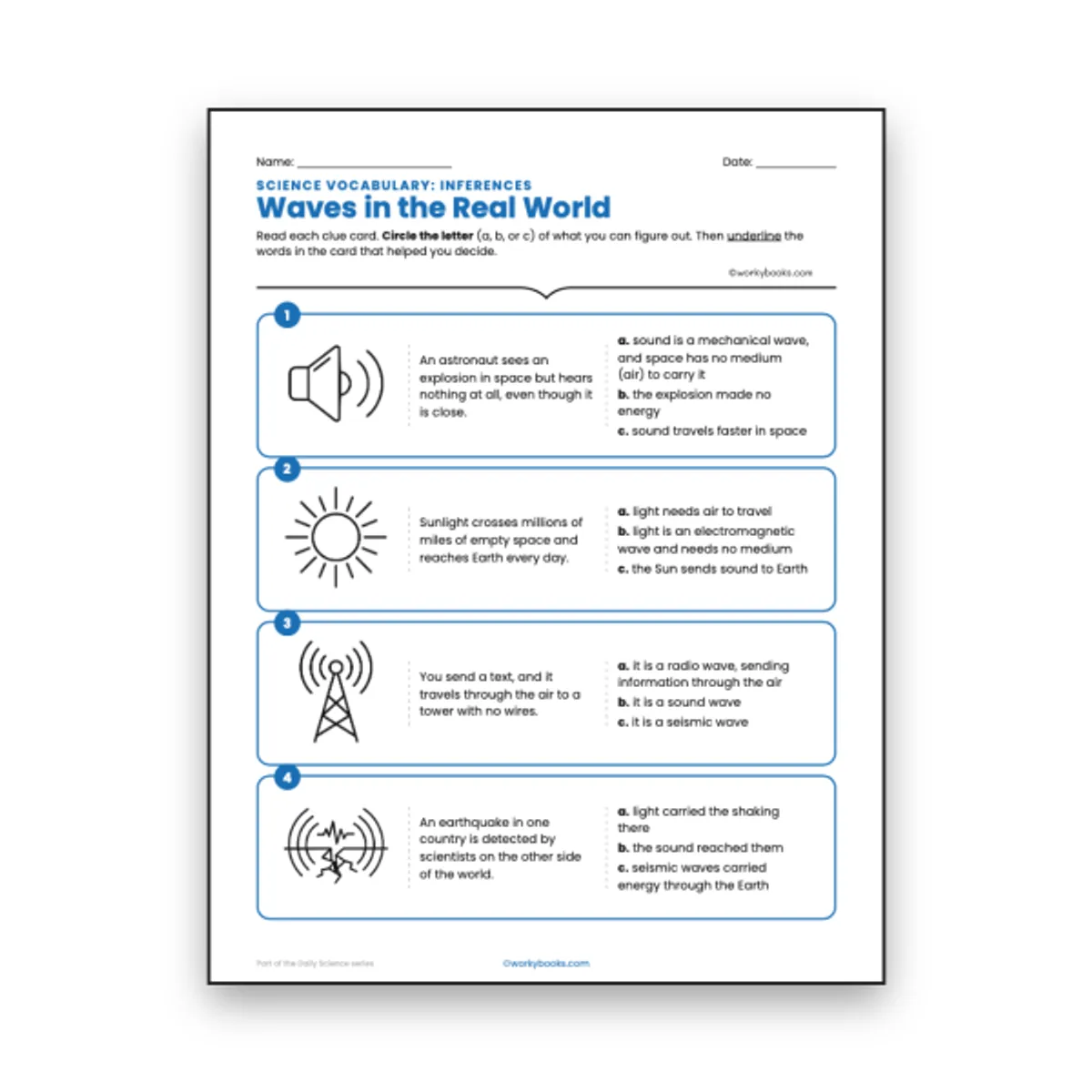 Waves in the Real World - Inferences Activity — ela worksheet for Grade 6, page 1 of null