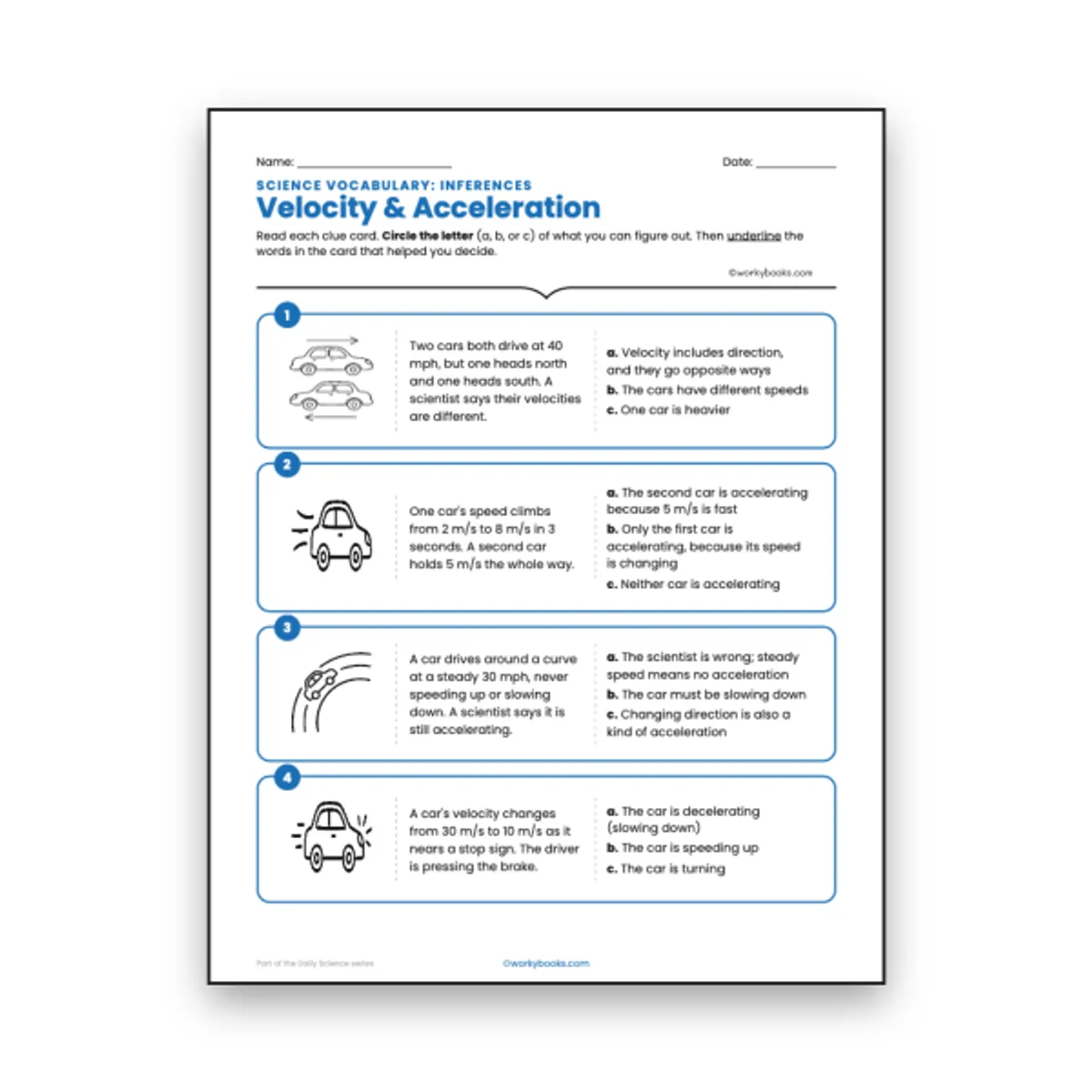 Velocity & Acceleration - Inference Activity — ela worksheet for Grade 6, Grade 7, Grade 9, page 1 of null