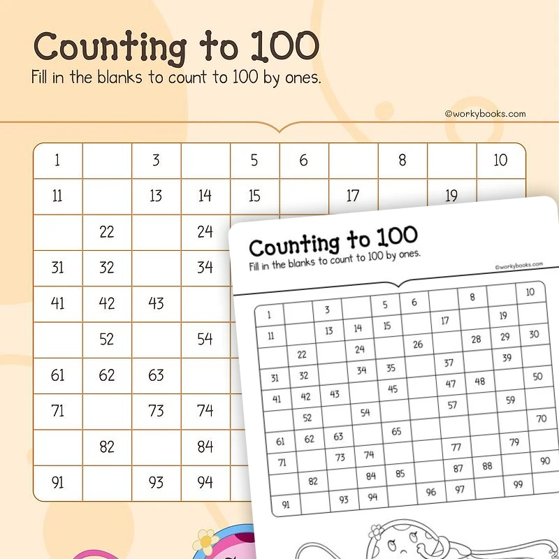 Counting to 100 by ones B — math worksheet for Grade K, page 1 of 3