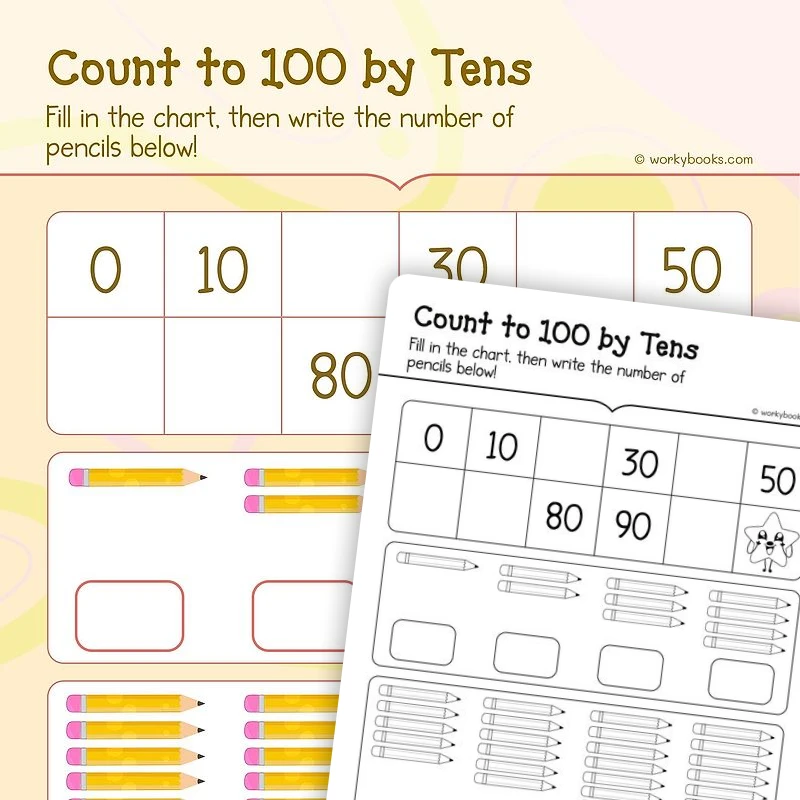 Counting to 100 by 10's and 1's — math worksheet for Grade K, page 1 of 3