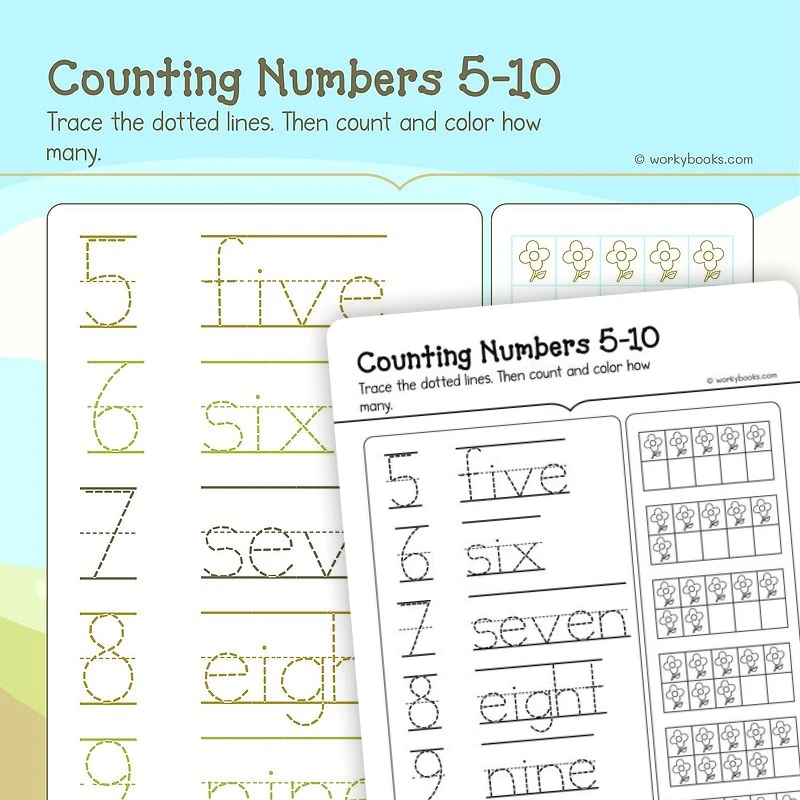 Numbers 5—10 — math worksheet for Grade K, page 1 of 3