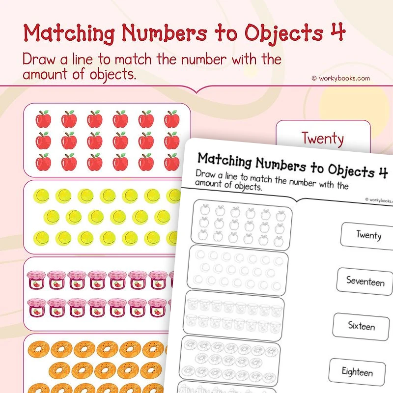 Matching Numbers to Objects — math worksheet for Grade K, page 1 of 3