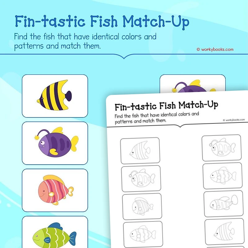 Fin—tastic Fish Match—Up — math worksheet for Grade K, page 1 of 3