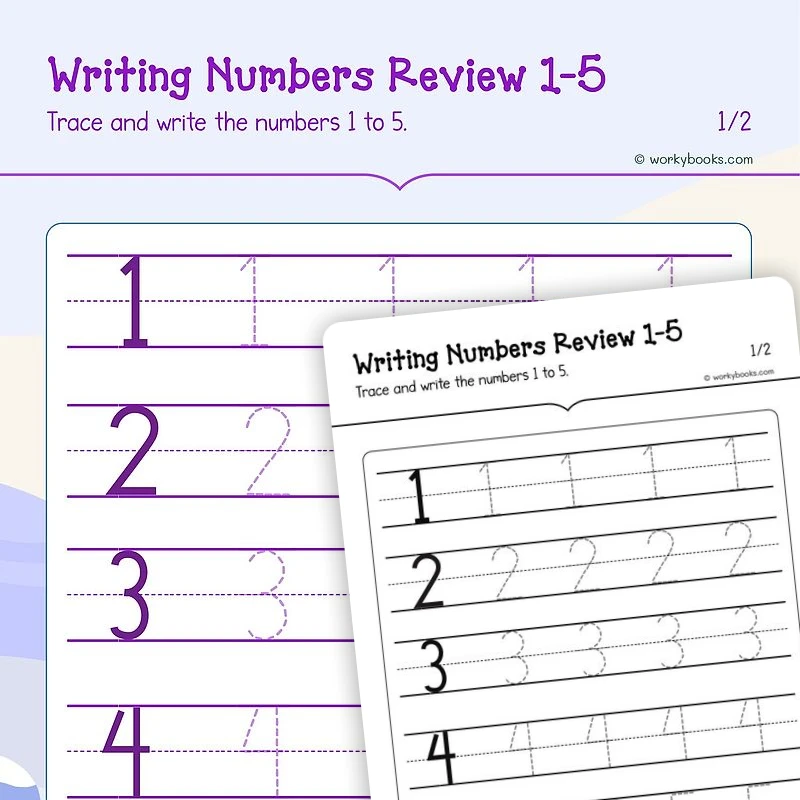 Number Writing 1—5 — math worksheet for Grade K, page 1 of 3