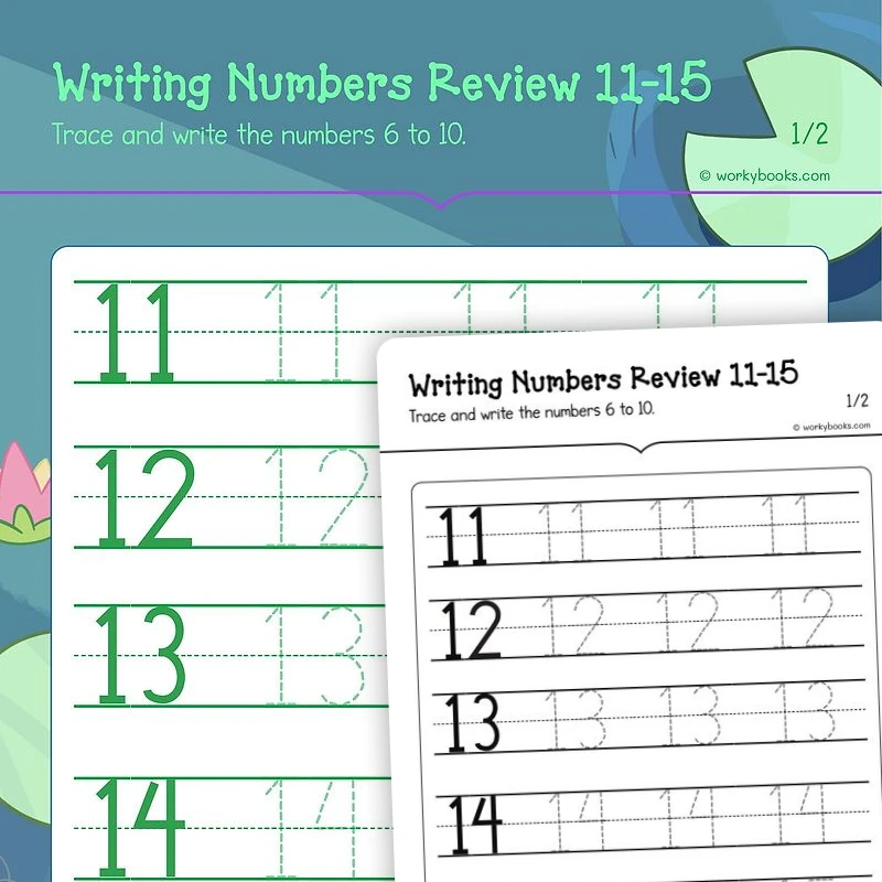Number Writing 11—15 — math worksheet for Grade K, page 1 of 3