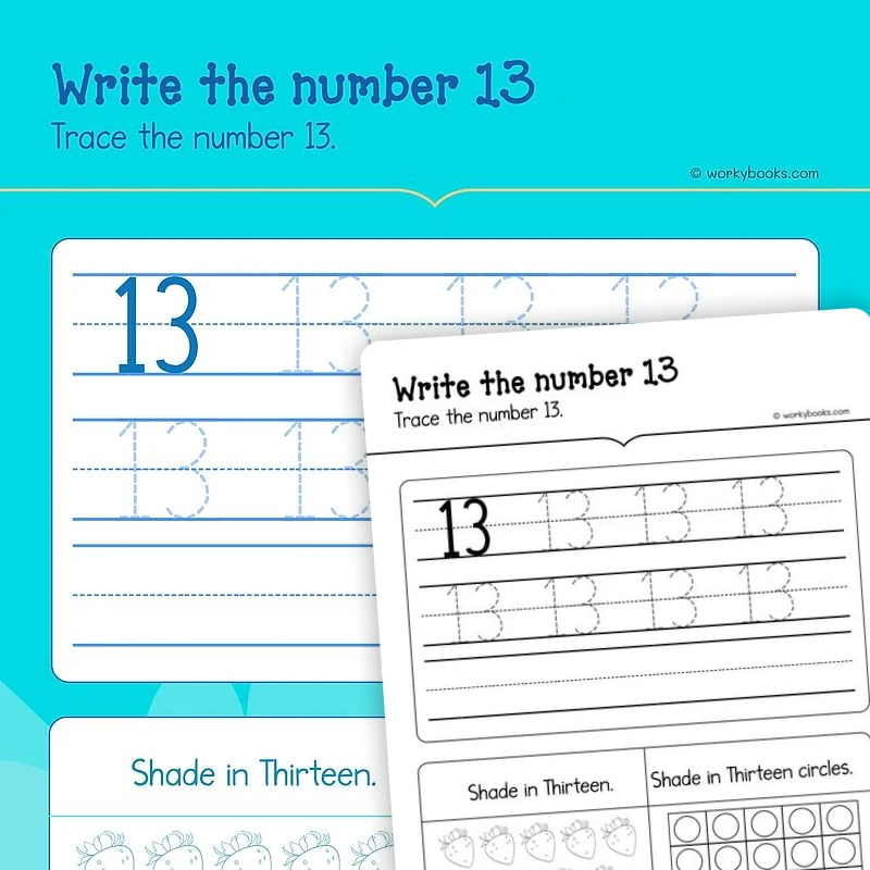 I can read write and count 13 — math worksheet for Grade K, page 1 of 3