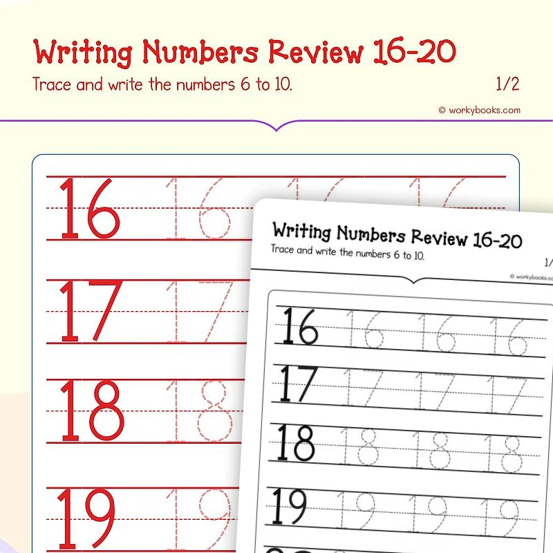 Number Writing 15—20 — math worksheet for Grade K, page 1 of 3