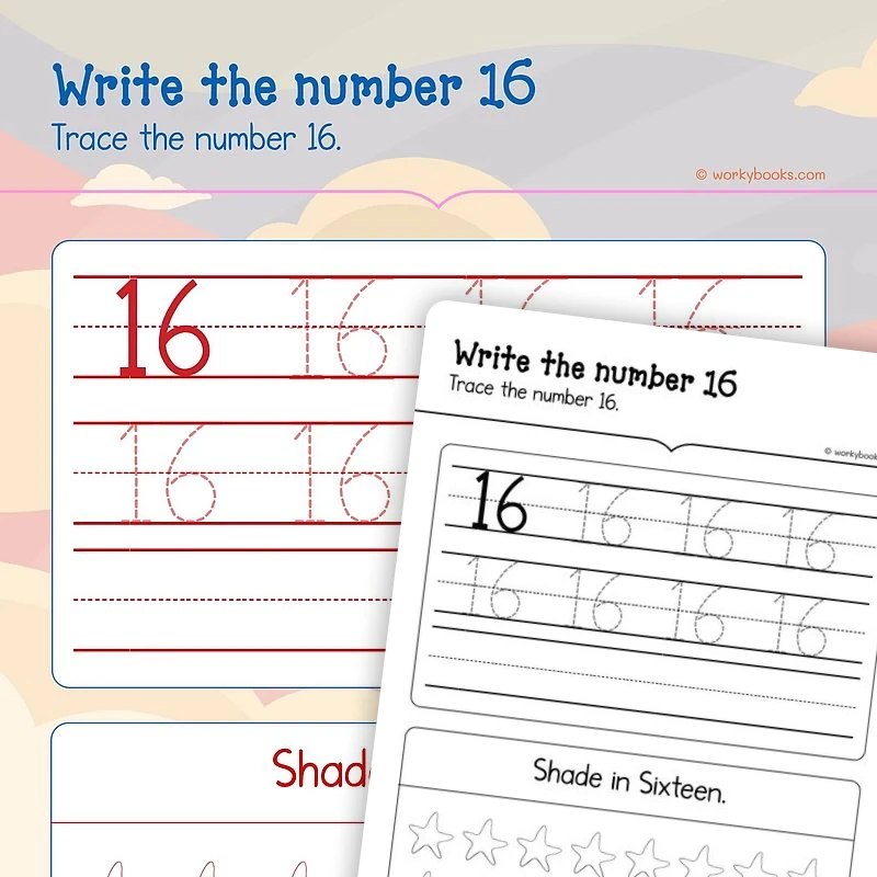 I can read write and count 16 — math worksheet for Grade K, page 1 of 3