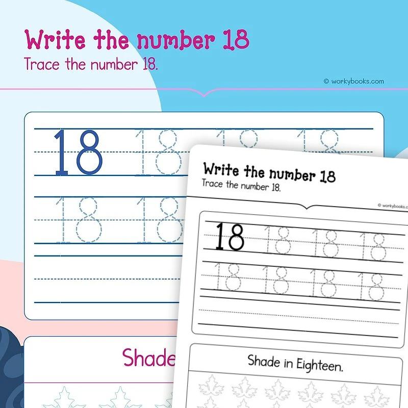 I can read write and count 18 — math worksheet for Grade K, page 1 of 3