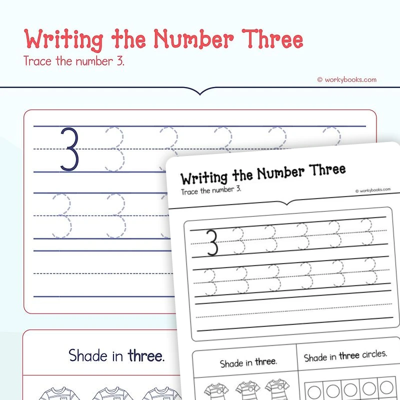 I can read write and count 3 — math worksheet for Grade K, page 1 of 3