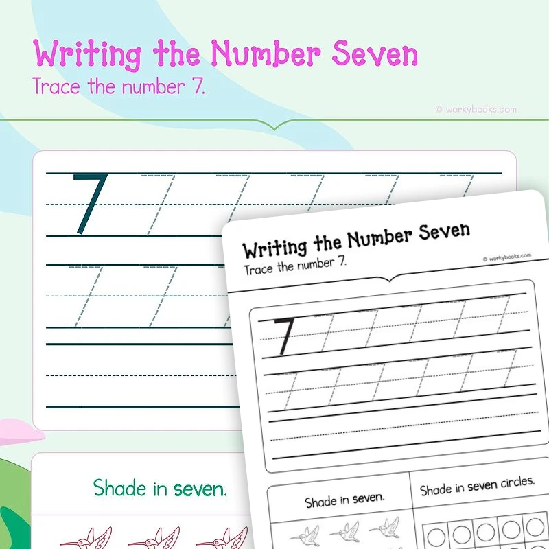 I can read write and count 7 — math worksheet for Grade K, page 1 of 3