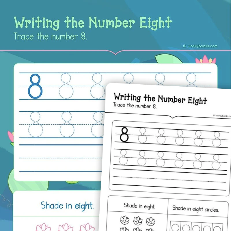 I can read write and count 8 — math worksheet for Grade K, page 1 of 3