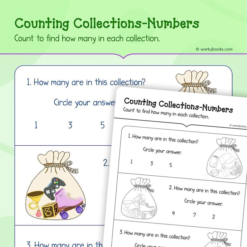 Counting Collections — math worksheet for Grade K, page 1 of 3