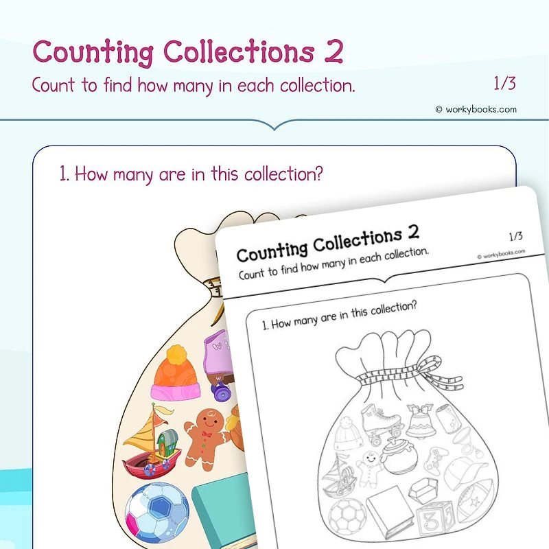 Counting Collections 2 — math worksheet for Grade K, page 1 of 3