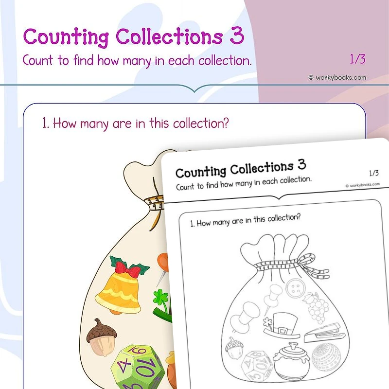 Counting Collections 3 — math worksheet for Grade K, page 1 of 3