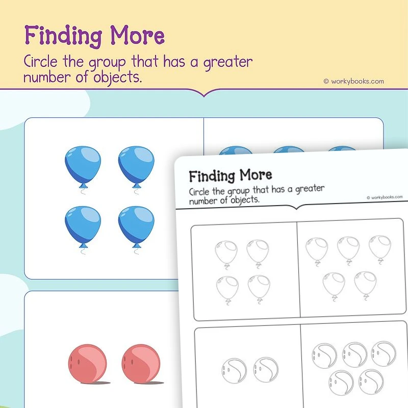 More and Less — math worksheet for Grade K, page 1 of 3