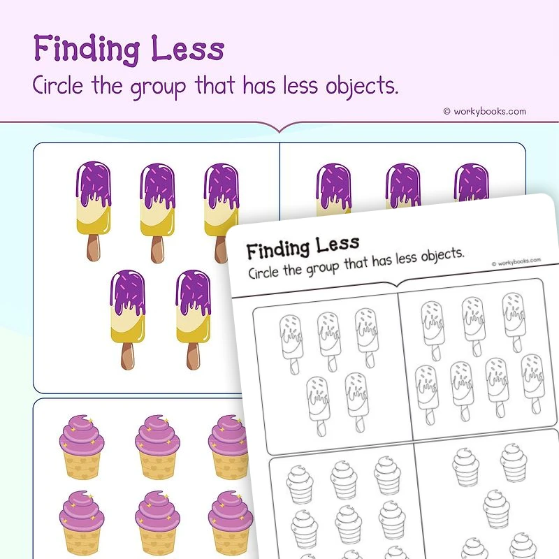 Finding More or Less — math worksheet for Grade K, page 1 of 3