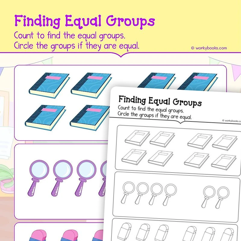 Find Equal Groups — math worksheet for Grade K, page 1 of 3