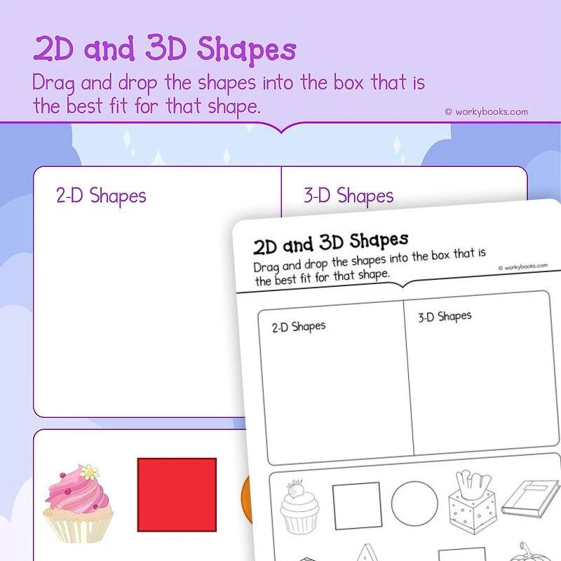 2D and 3D Shapes — math worksheet for Grade K, page 1 of 3